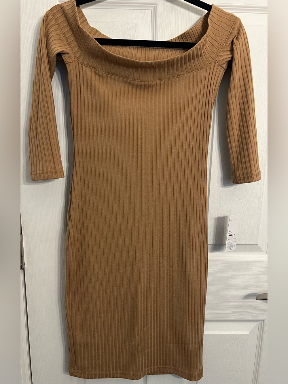 Hot Kiss Ribbed Off-Shoulder Midi Dress in Camel Brown